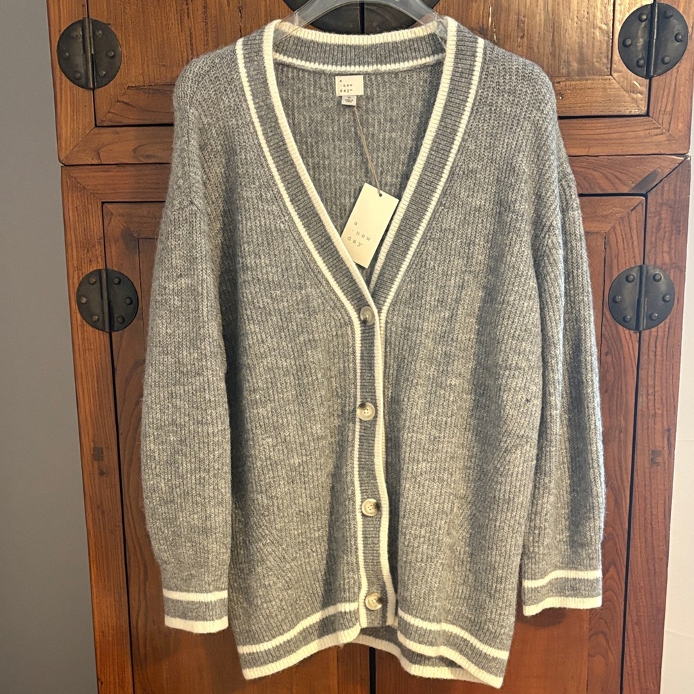 A New Day Women's Heather Gray Cardigan with White Trim